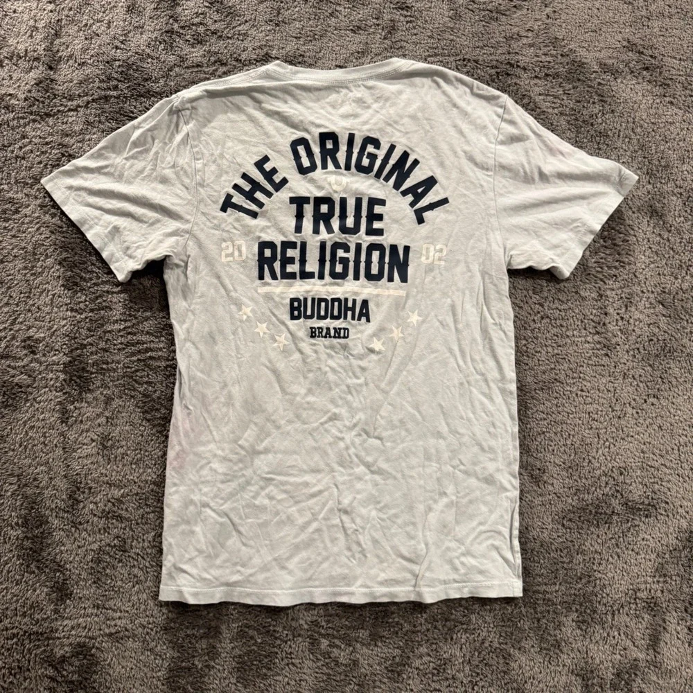True Religion Mens Graphic T-Shirt Light Blue Buddha Brand Logo Tee Size M